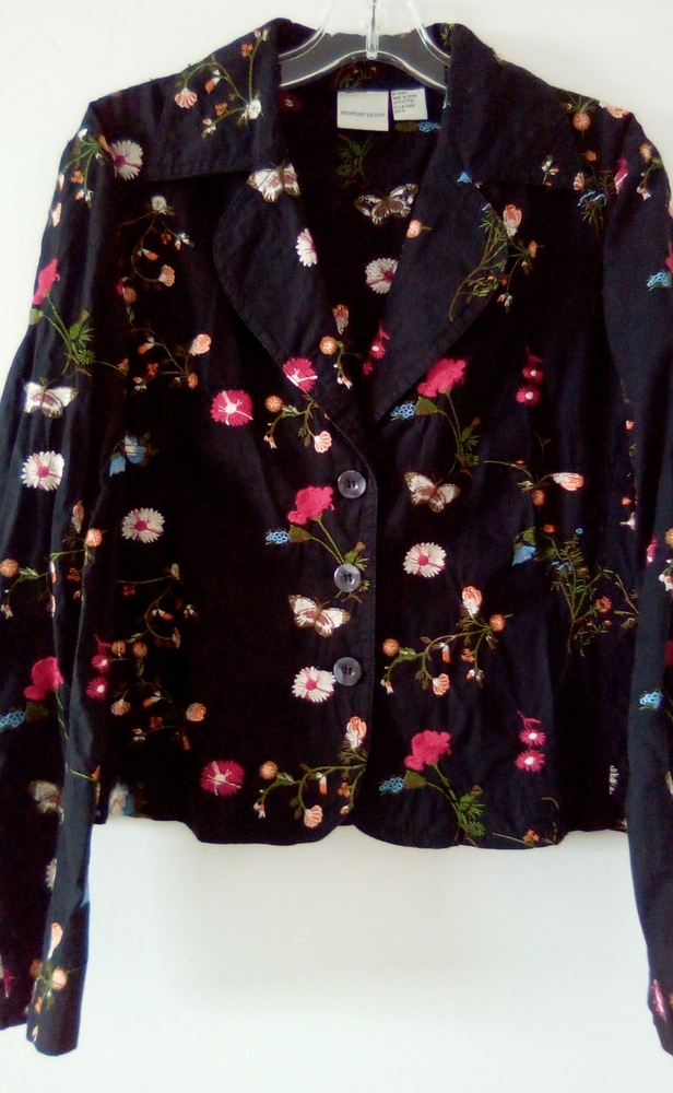 NEWPORT NEWS - Size 16, Black Unlined Short Jacket w/ Embroidered Floral Design